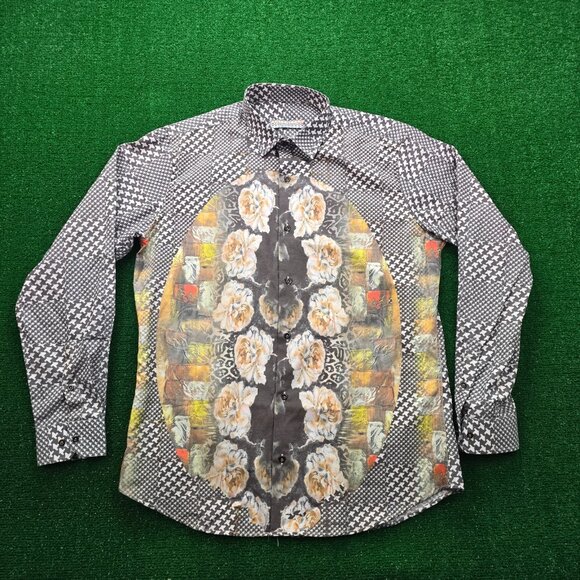 Banana Lemon Shirt Mens Large Black Button Up Long Sleeve Geometric Floral - Picture 1 of 8